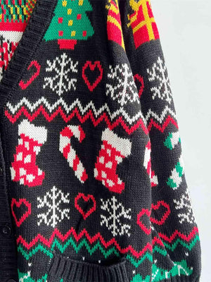Timeless Touch Printed Button Up V-Neck Christmas Cardigan-MXSTUDIO.COM