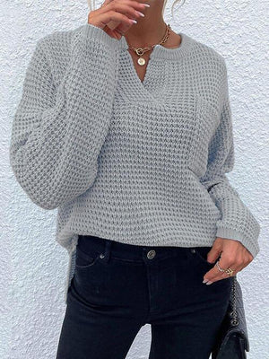 Toasty In Style Knitted Notch-Neck Sweater-MXSTUDIO.COM