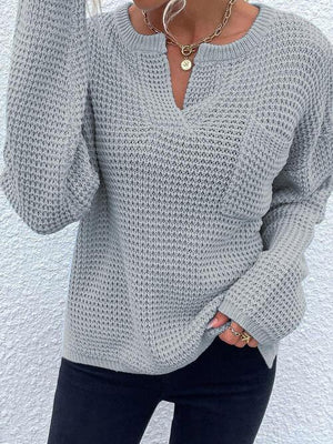 Toasty In Style Knitted Notch-Neck Sweater-MXSTUDIO.COM