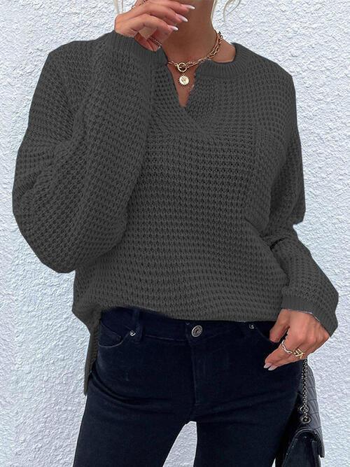 Toasty In Style Knitted Notch-Neck Sweater-MXSTUDIO.COM