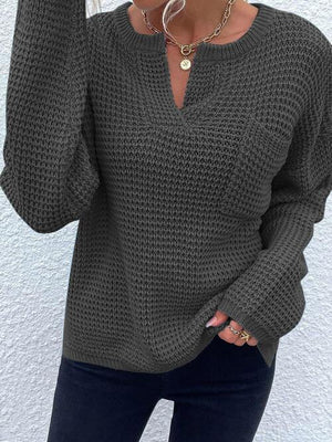 Toasty In Style Knitted Notch-Neck Sweater-MXSTUDIO.COM