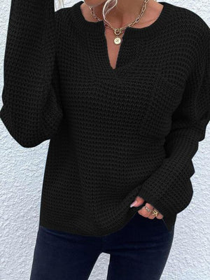 Toasty In Style Knitted Notch-Neck Sweater-MXSTUDIO.COM