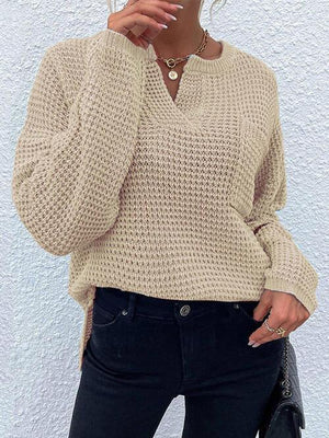 Toasty In Style Knitted Notch-Neck Sweater-MXSTUDIO.COM