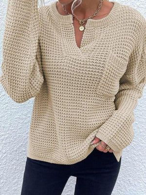 Toasty In Style Knitted Notch-Neck Sweater-MXSTUDIO.COM