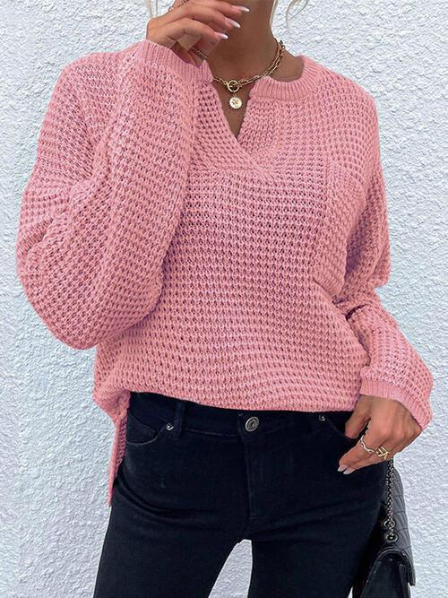 Toasty In Style Knitted Notch-Neck Sweater-MXSTUDIO.COM