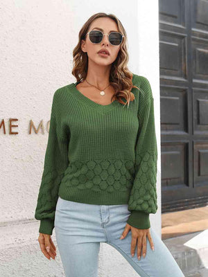 Toasty In Style V-Neck Balloon Sleeve Sweater - MXSTUDIO.COM