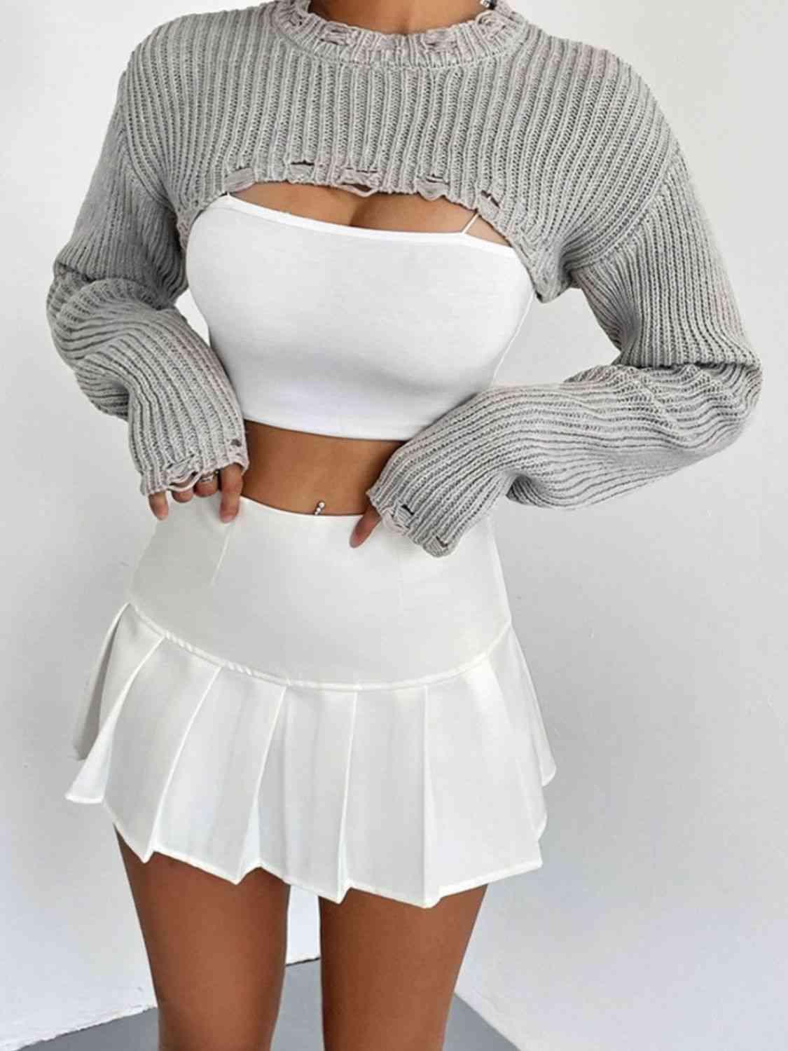 Trendy Distressed Cropped Bolero Sweater-MXSTUDIO.COM