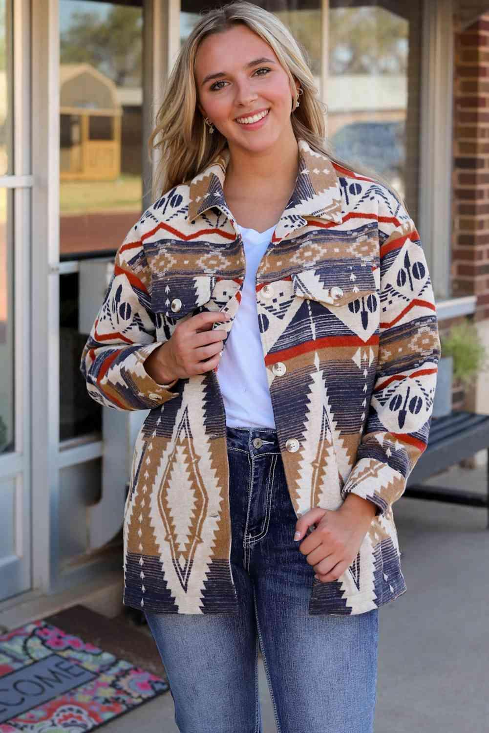 Tribal Style Geometric Shirt Jacket - MXSTUDIO.COM