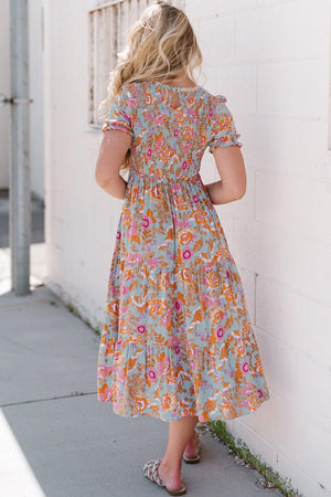 Tropical Charm Short Sleeve Floral Midi Dress - MXSTUDIO.COM