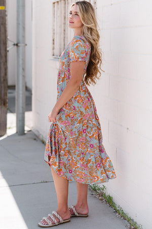 Tropical Charm Short Sleeve Floral Midi Dress - MXSTUDIO.COM