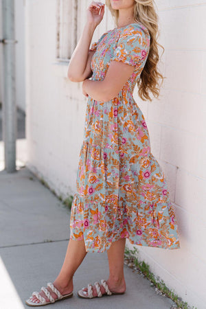 Tropical Charm Short Sleeve Floral Midi Dress - MXSTUDIO.COM