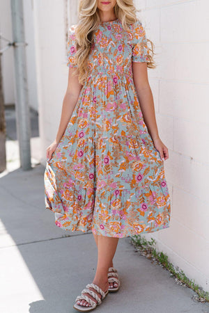 Tropical Charm Short Sleeve Floral Midi Dress - MXSTUDIO.COM