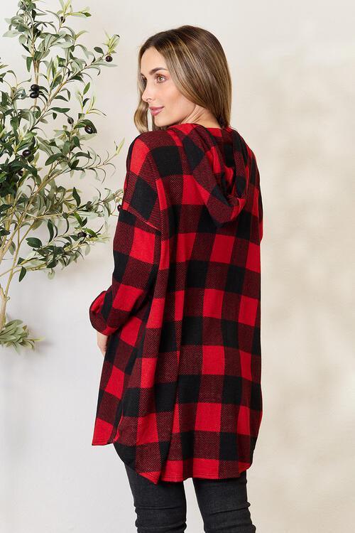 Tunic Buttoned Long Sleeve Plaid Hooded Shirt-MXSTUDIO.COM