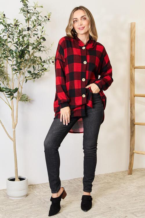 Tunic Buttoned Long Sleeve Plaid Hooded Shirt-MXSTUDIO.COM