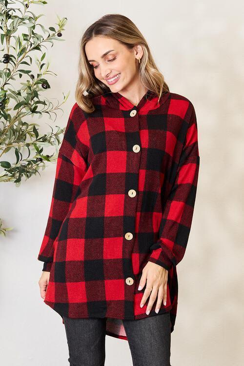 Tunic Buttoned Long Sleeve Plaid Hooded Shirt-MXSTUDIO.COM