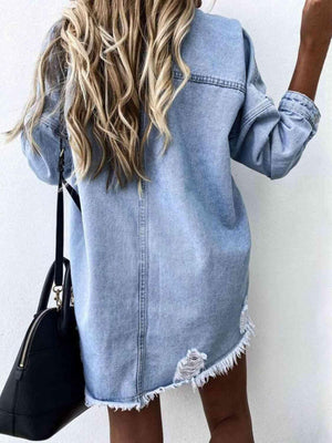 Tunic Raw Hem Distressed Denim Jacket - MXSTUDIO.COM