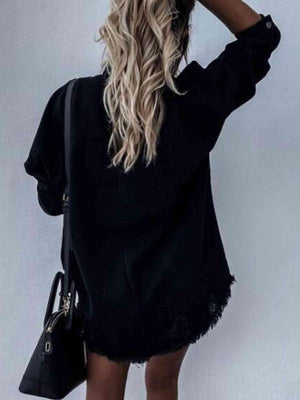 Tunic Raw Hem Distressed Denim Jacket - MXSTUDIO.COM