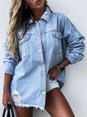 Tunic Raw Hem Distressed Denim Jacket - MXSTUDIO.COM