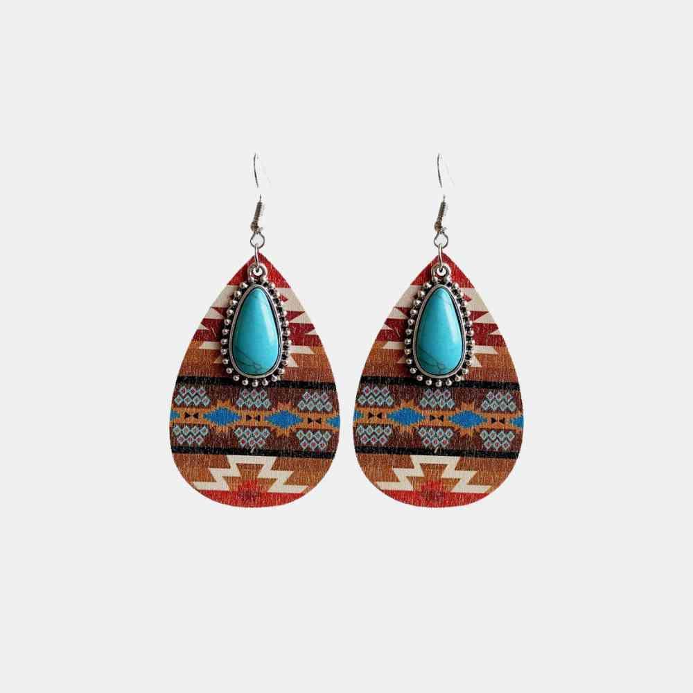 Turquoise Element Teardrop Wood Dangle Earrings-MXSTUDIO.COM