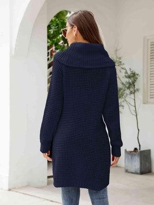 Turtleneck Slit Waffle Knit Sweater Dress - MXSTUDIO.COM