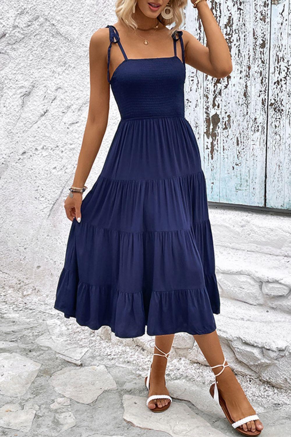 Twirl Baby Tie-Shoulder Tiered Midi Dress - MXSTUDIO.COM