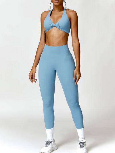 a woman in a blue sports bra top and leggings