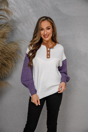 Two-Tone Round Neck Buttoned Long Sleeve Sweatshirt - MXSTUDIO.COM