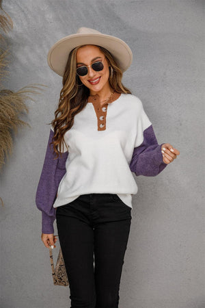 Two-Tone Round Neck Buttoned Long Sleeve Sweatshirt - MXSTUDIO.COM