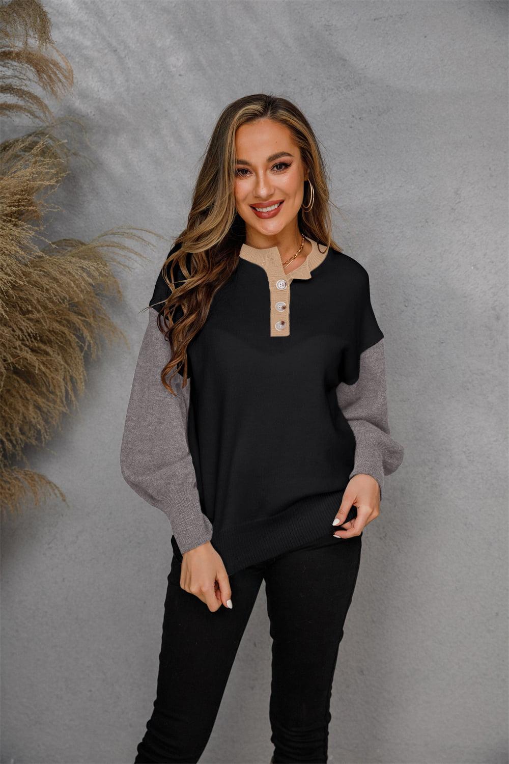 Two-Tone Round Neck Buttoned Long Sleeve Sweatshirt - MXSTUDIO.COM