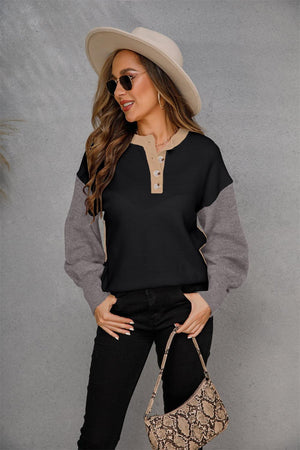 Two-Tone Round Neck Buttoned Long Sleeve Sweatshirt - MXSTUDIO.COM
