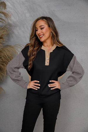 Two-Tone Round Neck Buttoned Long Sleeve Sweatshirt - MXSTUDIO.COM