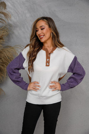 Two-Tone Round Neck Buttoned Long Sleeve Sweatshirt - MXSTUDIO.COM