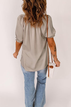 Uncomplicated Short Sleeve Tie Neck Blouse - MXSTUDIO.COM