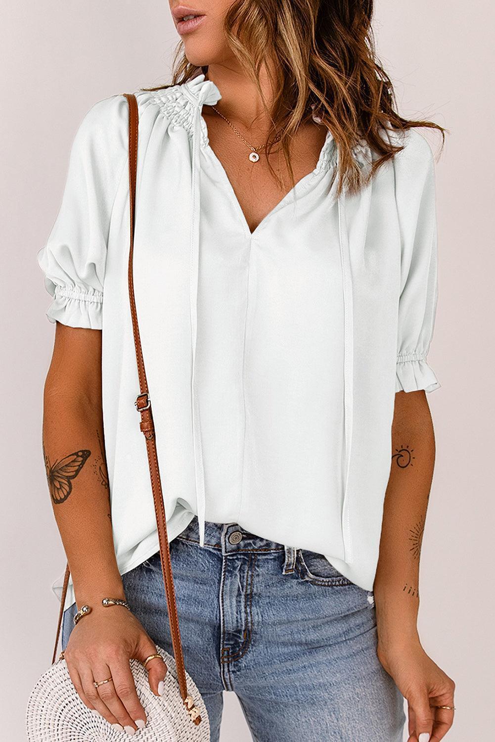 Uncomplicated Short Sleeve Tie Neck Blouse - MXSTUDIO.COM