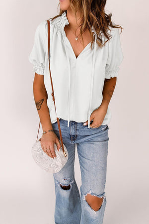 Uncomplicated Short Sleeve Tie Neck Blouse - MXSTUDIO.COM