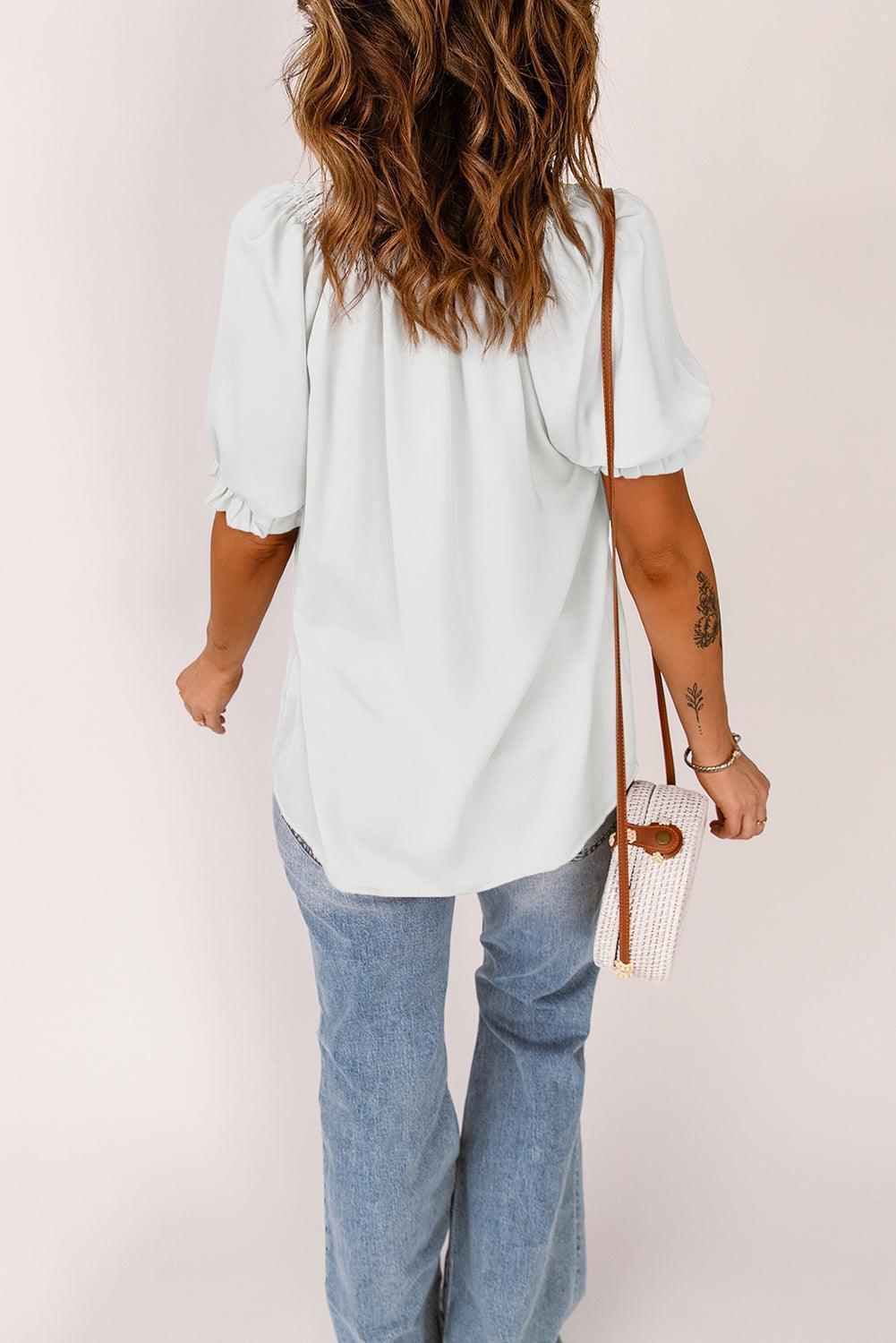 Uncomplicated Short Sleeve Tie Neck Blouse - MXSTUDIO.COM
