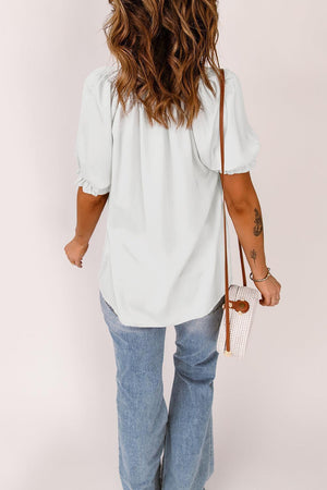 Uncomplicated Short Sleeve Tie Neck Blouse - MXSTUDIO.COM