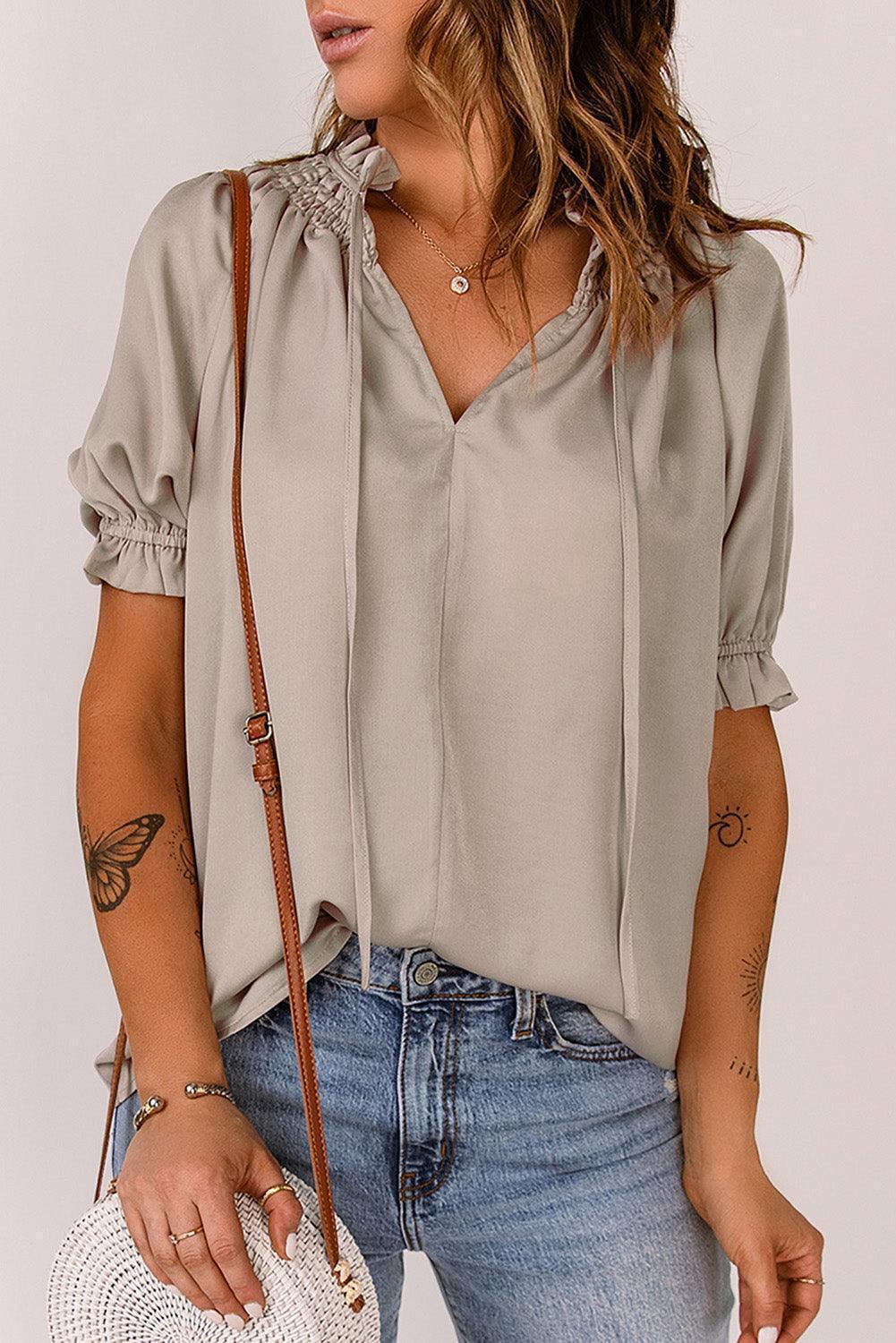 Uncomplicated Short Sleeve Tie Neck Blouse - MXSTUDIO.COM