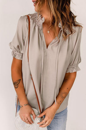 Uncomplicated Short Sleeve Tie Neck Blouse - MXSTUDIO.COM