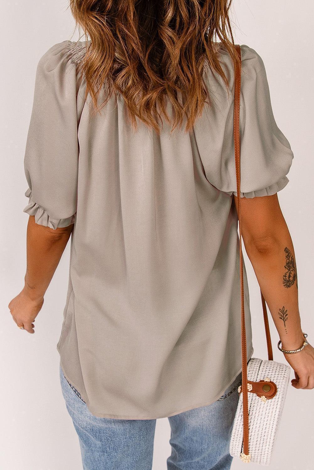 Uncomplicated Short Sleeve Tie Neck Blouse - MXSTUDIO.COM