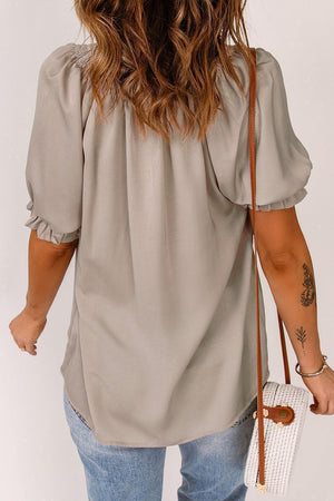 Uncomplicated Short Sleeve Tie Neck Blouse - MXSTUDIO.COM