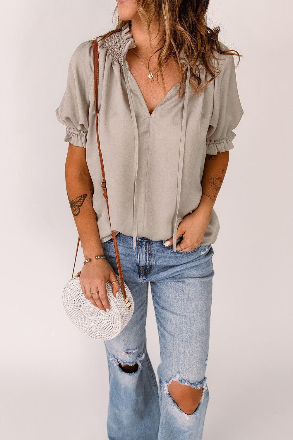 Uncomplicated Short Sleeve Tie Neck Blouse - MXSTUDIO.COM