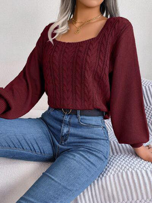 Underrated Chic Cable Knit Square Neck Sweater-MXSTUDIO.COM