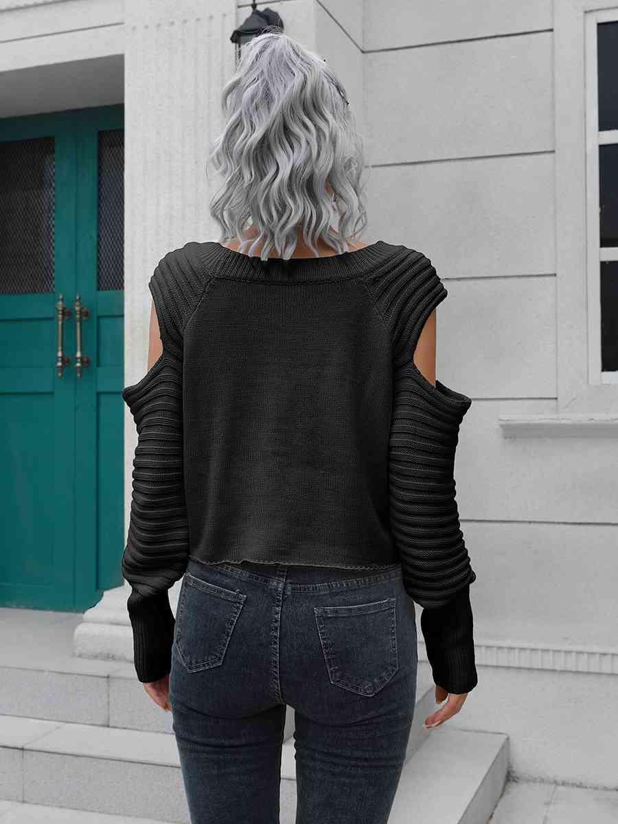 Undistracted Ribbed Trim Cold Shoulder Sweater - MXSTUDIO.COM
