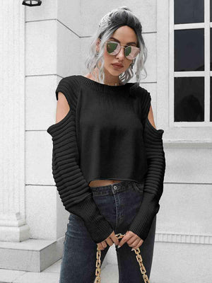 Undistracted Ribbed Trim Cold Shoulder Sweater - MXSTUDIO.COM