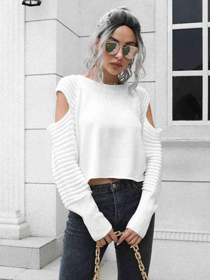 Undistracted Ribbed Trim Cold Shoulder Sweater - MXSTUDIO.COM