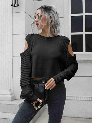 Undistracted Ribbed Trim Cold Shoulder Sweater - MXSTUDIO.COM