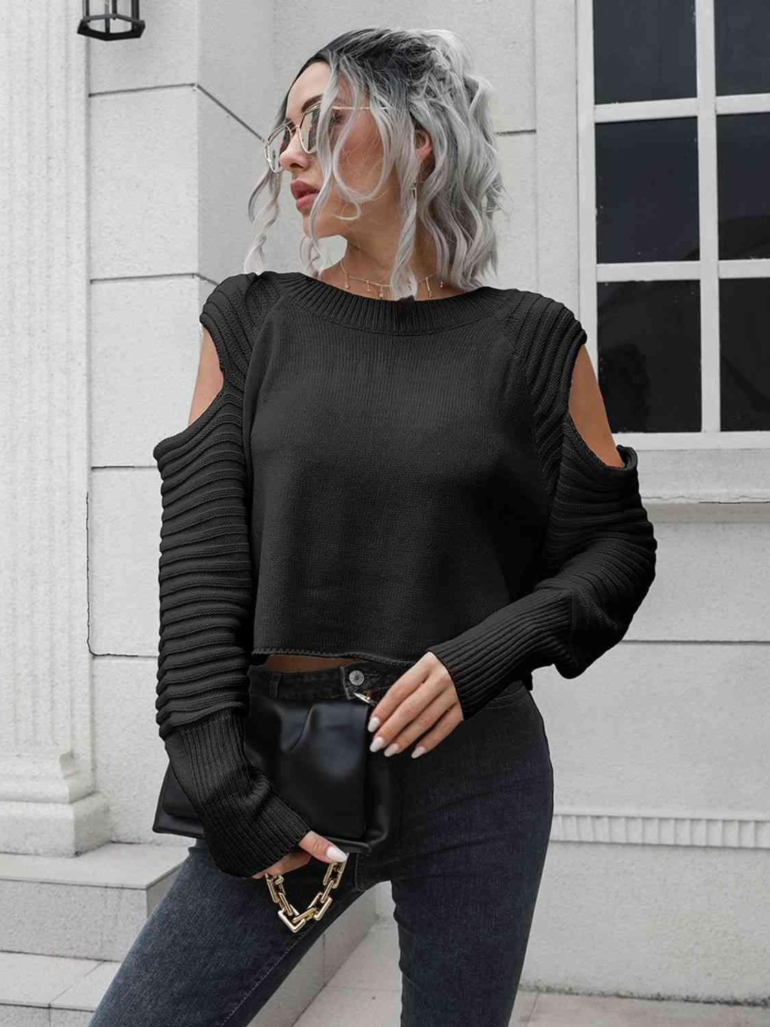 Undistracted Ribbed Trim Cold Shoulder Sweater - MXSTUDIO.COM