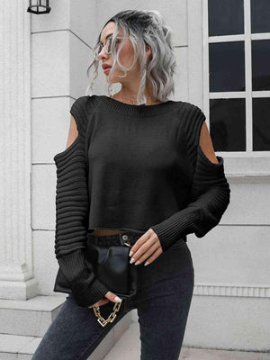 Undistracted Ribbed Trim Cold Shoulder Sweater - MXSTUDIO.COM