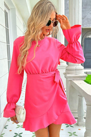 Unique Flair Long Sleeves Hot Pink Mini Dress - MXSTUDIO.COM